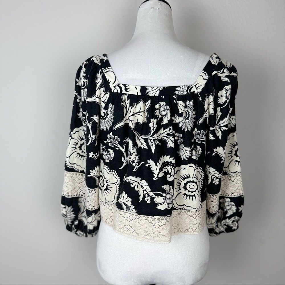 Calligraphie Women's Black and White Floral 3/4 Sleeve Boxy Blouse Size S - Picture 6 of 11